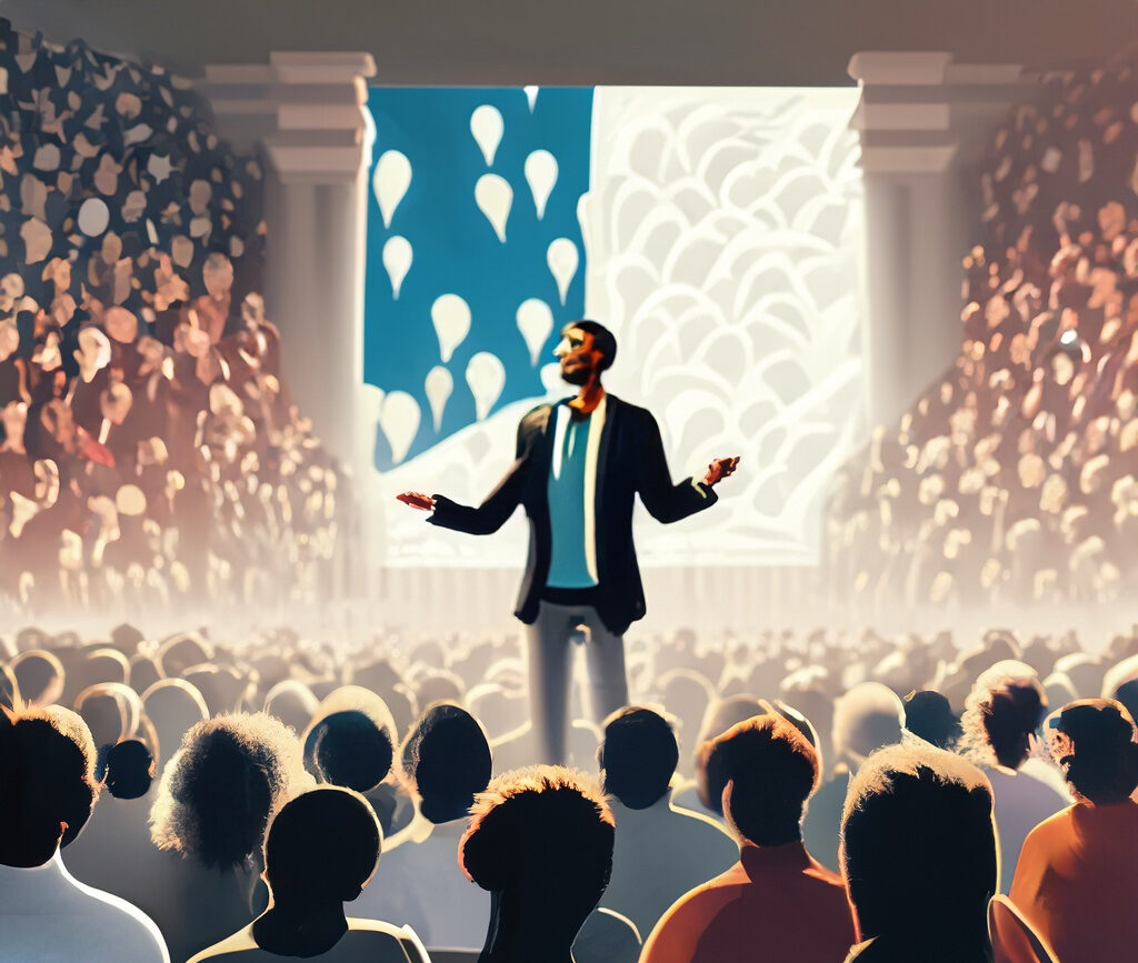 Picture of a speaker captivating an audience representing a marketing consultant