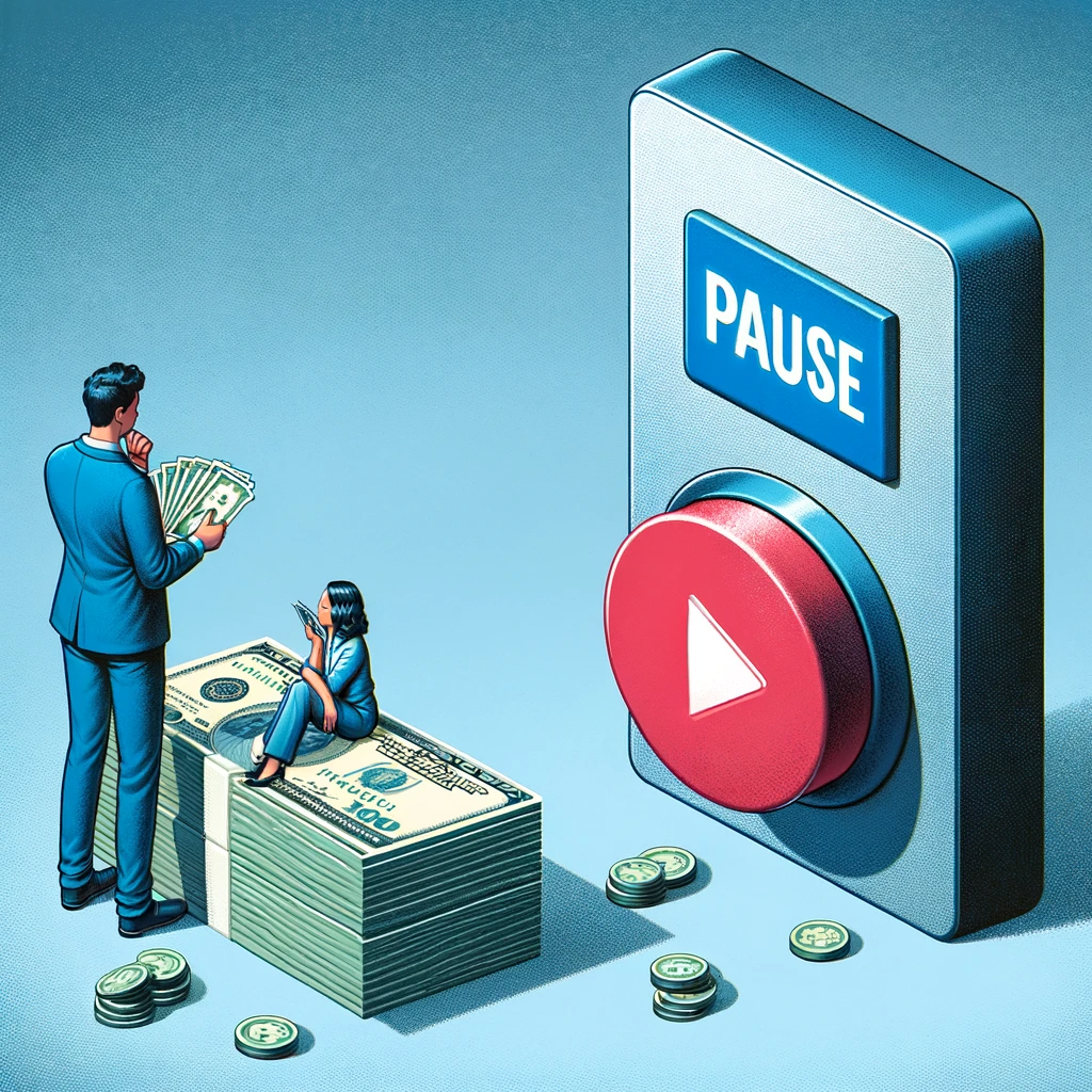 a scene where a person has hit the pause button, symbolizing a halt in operations or projects due to budgetary constraintsBut it can resolved with marketing operations consultation by anoopyersong