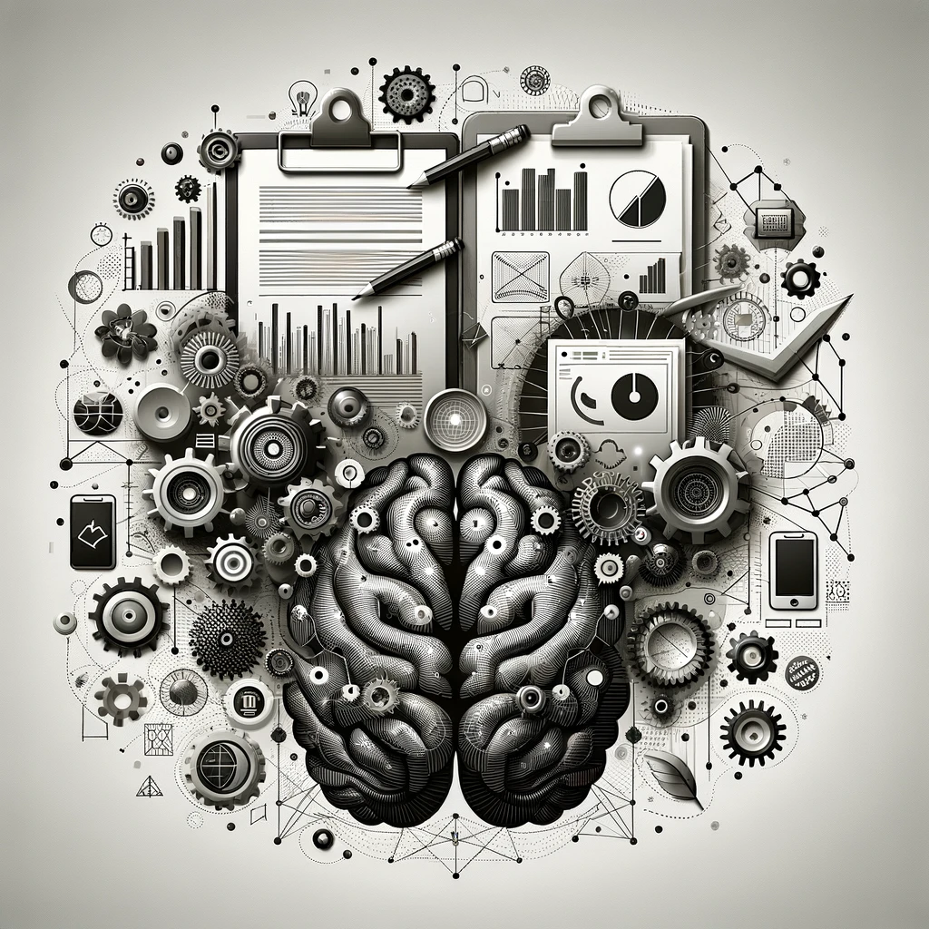 abstract grayscale image to include, at its center, a document with graphs, making it the focal point representing marketing strategy consultation by anoop yersong