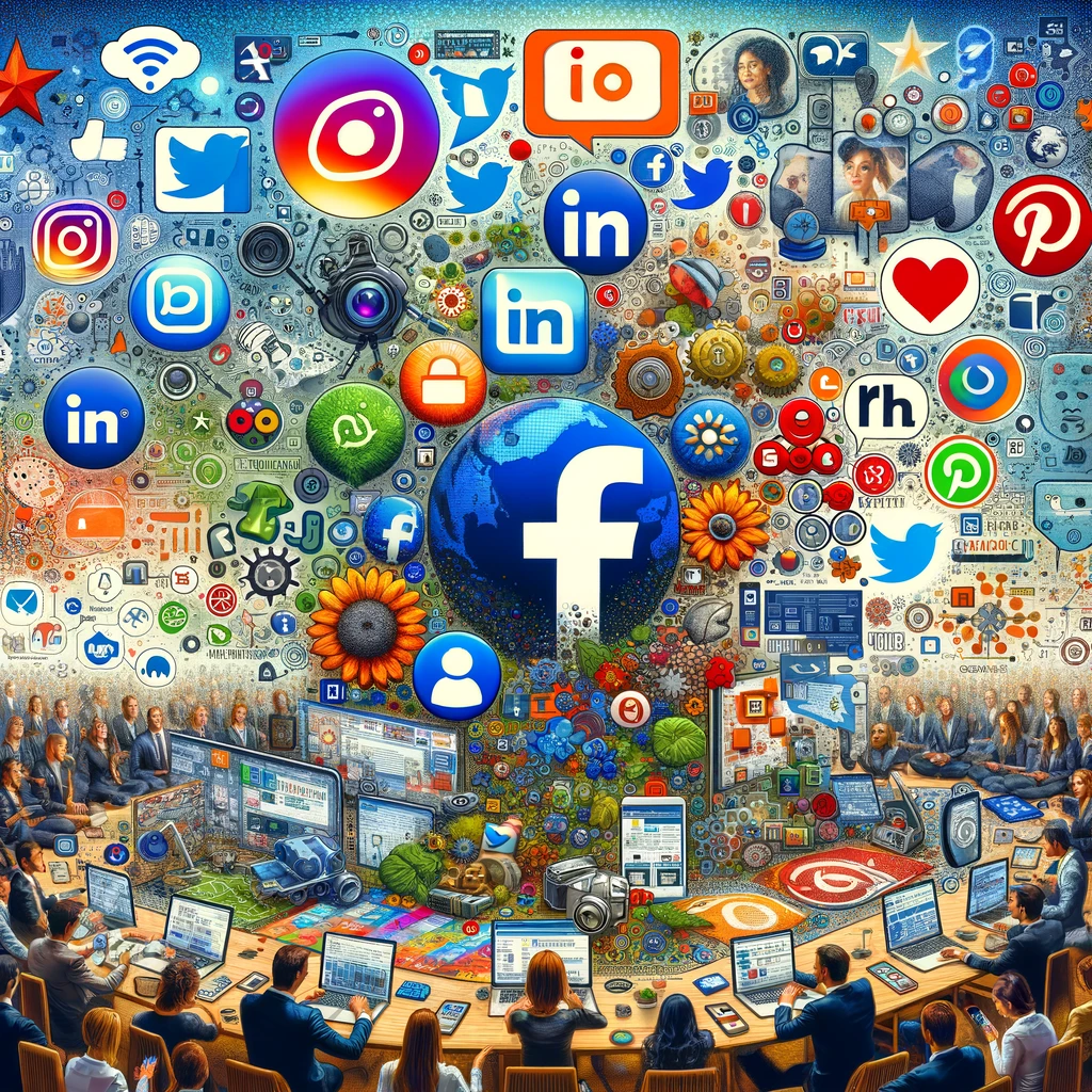 image visualizing a comprehensive social media marketing strategy by incorporating well-known social media icons, inclu