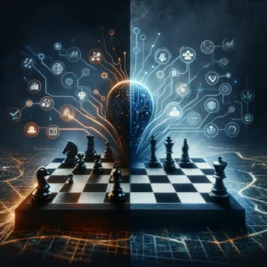 Abstract depiction of the contrast between marketing strategy and marketing plan, featuring a chessboard and roadmap intertwined on a dark background, symbolizing strategic thinking and detailed execution in marketing
