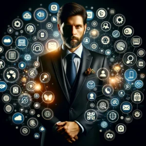 A close-up of a professional in a dark suit, embodying the essence of omnichannel marketing, surrounded by a diverse array of icons representing different marketing channels such as social media, email, mobile, and more, set against a dark, intense background.- anoop yersong
